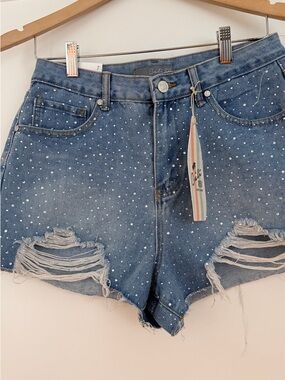 Studded Distressed Denim Shorts - Blue